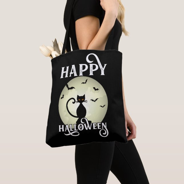 Tote Bag Chat noir Pleine lune chauves-souris heureux Hallo (De près)