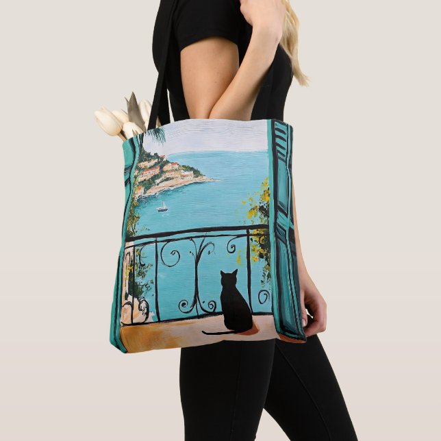 Tote Bag Chat noir profitant de la belle mer (De près)