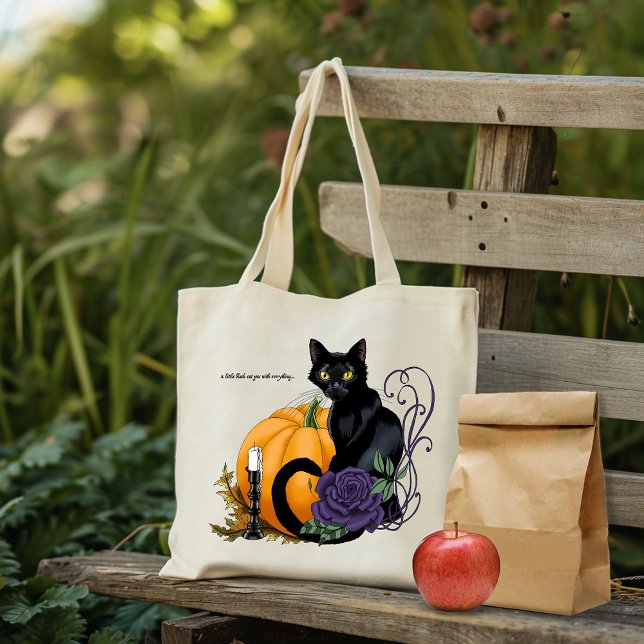 Tote Bag Chat noir Rose pourpre Citrouille Automne (Créateur téléchargé)