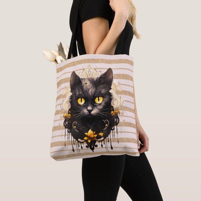 Tote Bag Chat noir royal rayé or Halloween (De près)