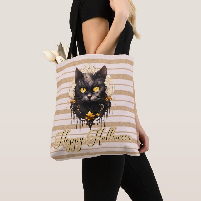 Tote Bag Chat noir royal rayé or Joyeux Halloween (De près)