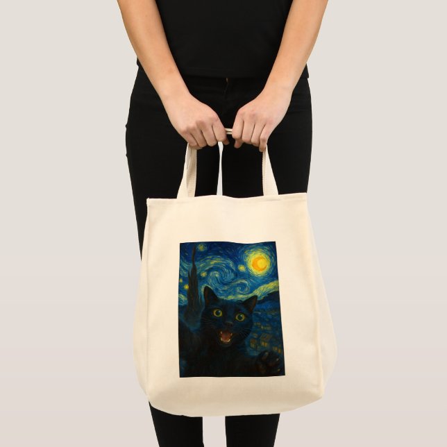 Tote Bag Chat noir Starry Nuit Van Gogh Chat Selfie (Devant (produit))