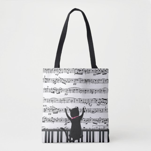 Tote Bag Chat Noir Sur Touches De Piano (Devant)