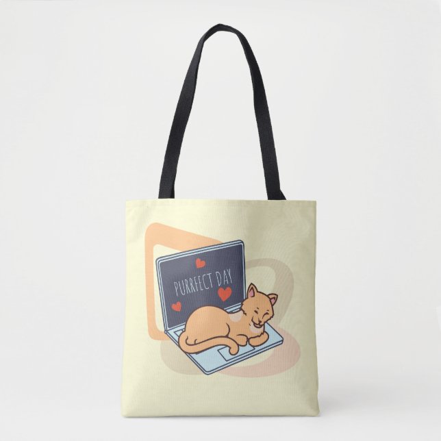 Tote Bag Chat ordinateur couché mignon (Devant)