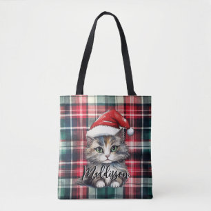 Tote Bag Chat Père Noël Plaid De Noël Avec Nom