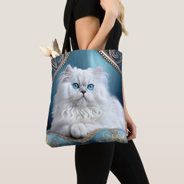TOTE BAG CHAT PERSIEN BLANC FOURRE-TOUT PURSE (De près)
