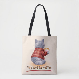 Tote Bag Chat "Propulsé par le Café" tenant une tasse de ca