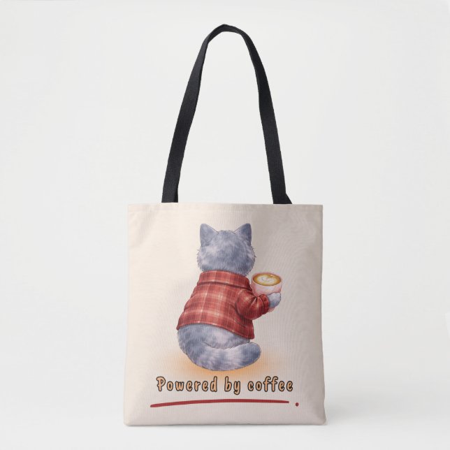 Tote Bag Chat "Propulsé par le Café" tenant une tasse de ca (Devant)