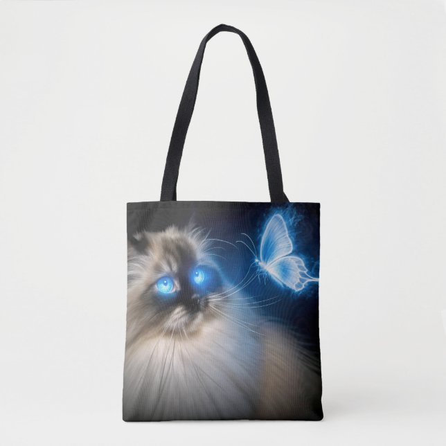 Tote Bag Chat Ragdoll Avec Papillon Néon Bleu (Devant)