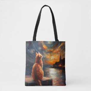 Tote Bag Chat roux contemplatif Ciel nocturne étoilé