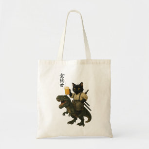 Tote Bag Chat Samouraï avec Bière & T-Rex Art Japonais Ré