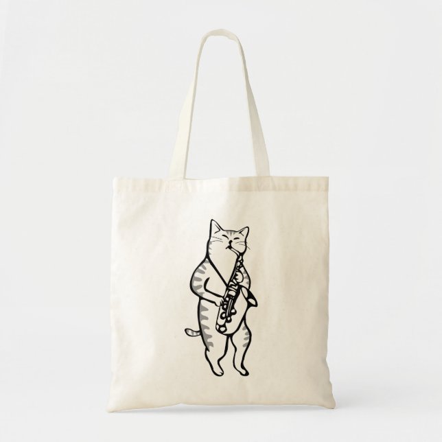 Tote Bag Chat Saxophone Lecteur Musicien Jazz Rock Funny Mi (Devant)