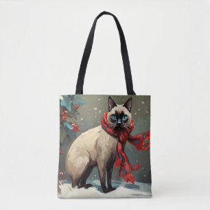 Tote Bag Chat siamois à Noël de neige