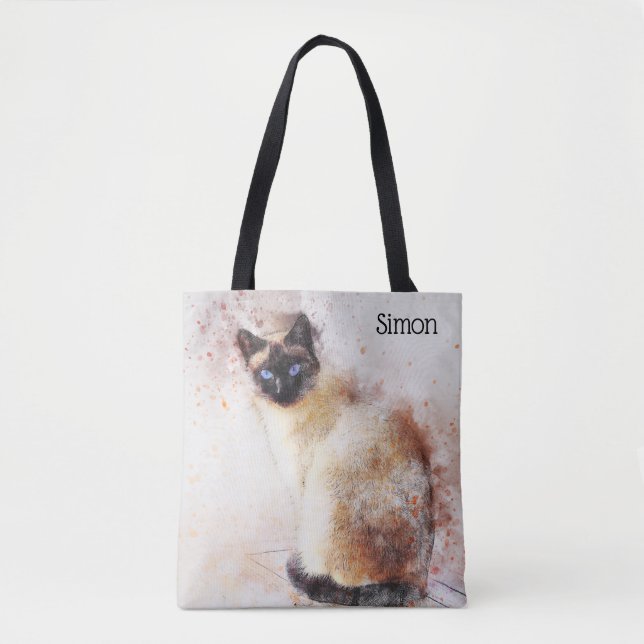 Tote Bag Chat siamois d'aquarelle à la mode personnalisé (Devant)