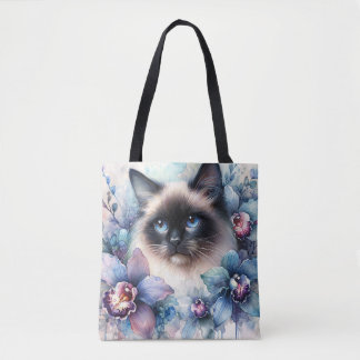 Tote Bag Chat siamois et fleurs d'orchidées aquarelle
