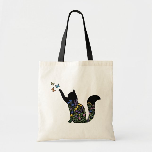 Tote Bag Chat silhouette fleur sauvage papillon  (Devant)