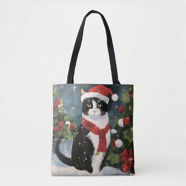 Tote Bag Chat Smoking dans Noël enneigé (Devant)