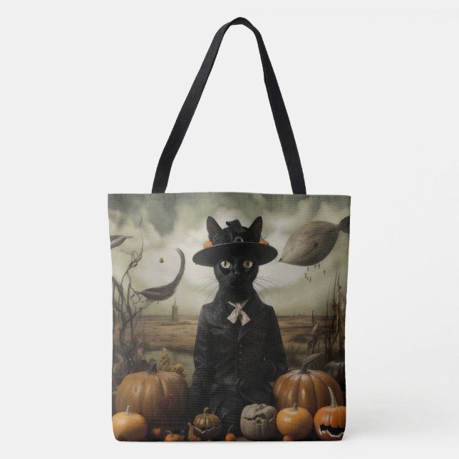 Tote Bag Chat Sorcière avec Citrouilles  (Devant)
