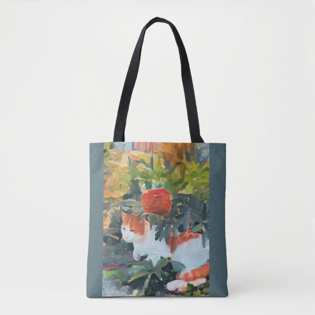 Tote Bag chat sous un buisson à fleurs A.I. amélioré (Devant)