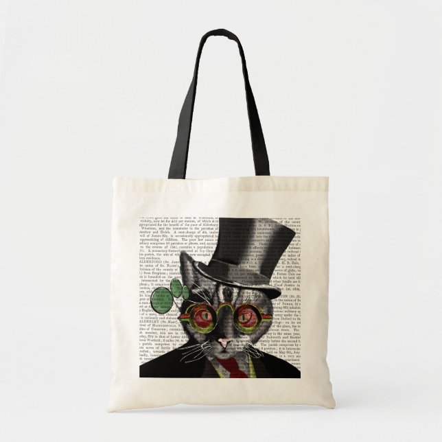 Tote Bag Chat Steampunk - Chapeau supérieur et verres jaune (Devant)