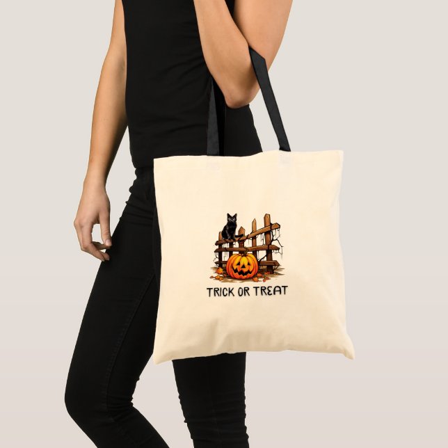 Tote Bag Chat sur Clôture Citrouille Lanterne Trick or Trea (Devant (produit))