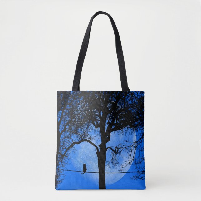 Tote Bag Chat sur une lune bleue fil (Devant)