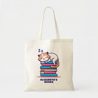 Tote Bag Chat sur une pile de livres Cute Personnalisé Litt