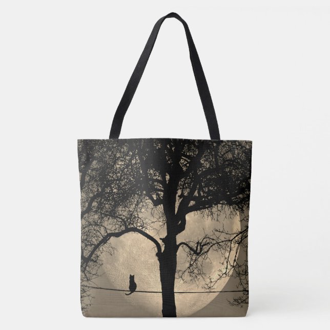 Tote Bag Chat sur une Pleine lune de fil (Devant)