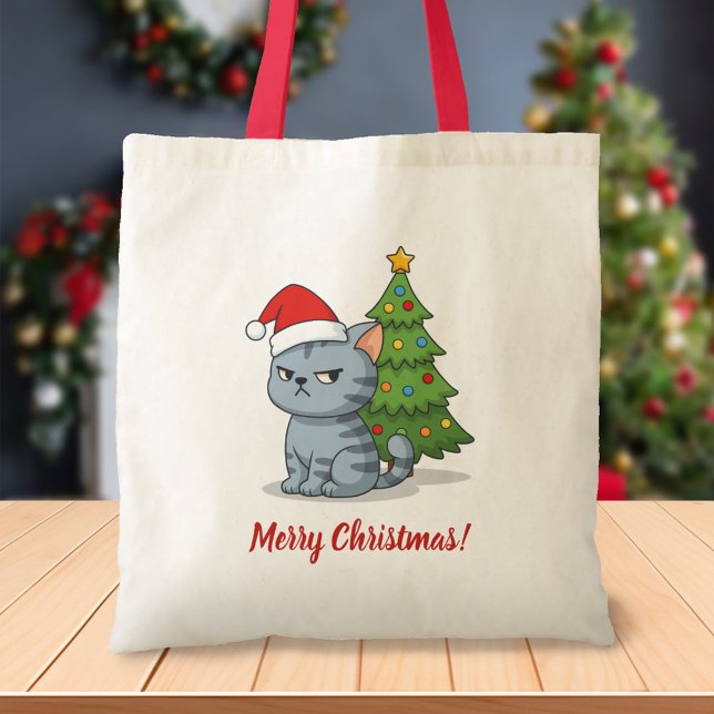 Tote Bag Chat tabby gris grincheux avec chapeau de Noël rou (Créateur téléchargé)