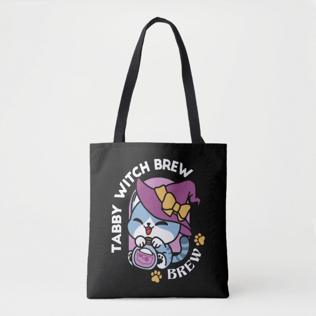 Tote Bag Chat Tabby Halloween – Chapeau de Sorcière & Art d (Devant)