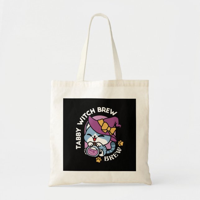 Tote Bag Chat Tabby Halloween – Chapeau de Sorcière & Art d (Devant)