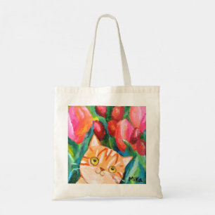Tote Bag Chat Tabby Orange avec Tulipes Colorées Kitty