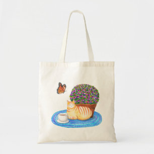 Tote Bag Chat tigré orange avec papillon monarque art félin