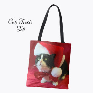 Tote Bag Chat Tuxedo de Noël au chapeau de Père Noël