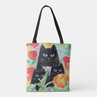 Tote Bag Chat Tuxedo et chatons noirs dans des Poppies d'aq