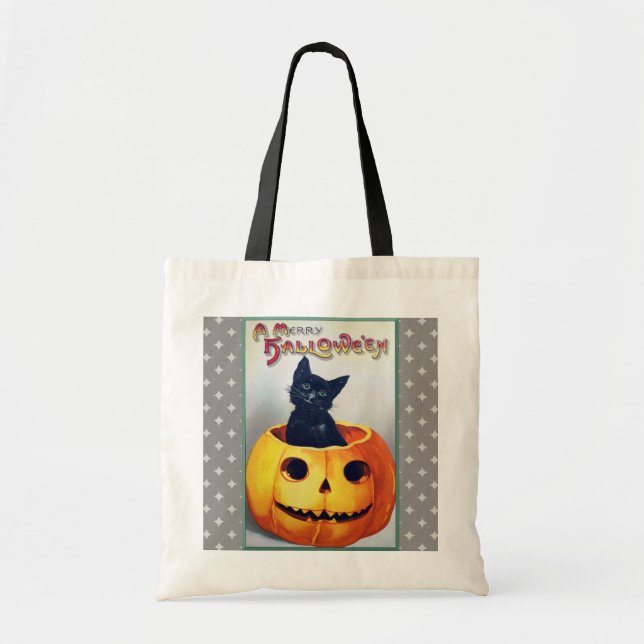 Tote Bag Chat vintage et citrouille de Halloween (Devant)