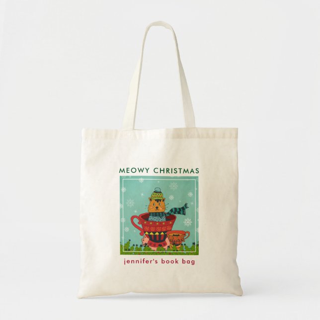 Tote Bag Chat Whimsical assis dans un thé Noël (Devant)