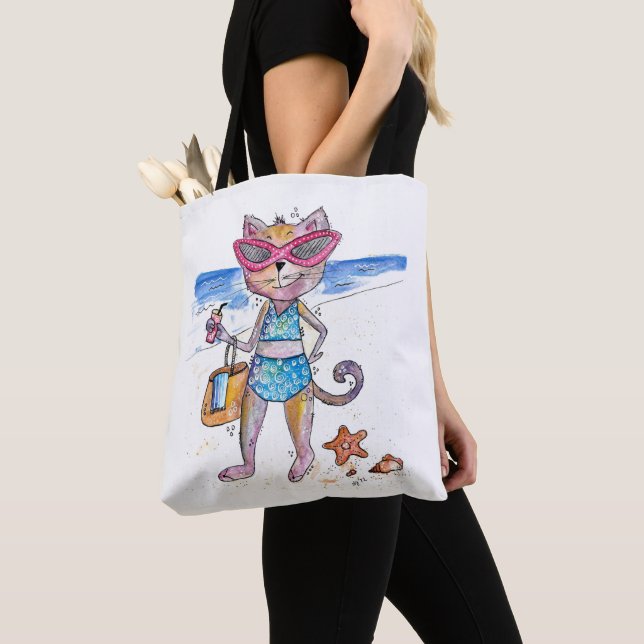 Tote Bag Chat Whimsical sur la plage (De près)