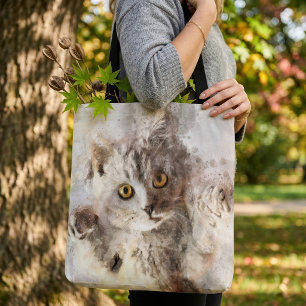Tote Bag Chaton à l'aquarelle joueur avec des yeux ambre br