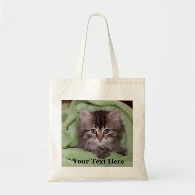 Tote Bag Chaton gris doux et souple dans une couverture ver (Devant)