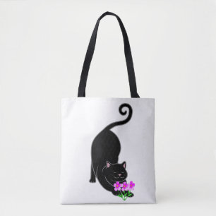 Tote Bag Chaton noir descendant & fleurs roses