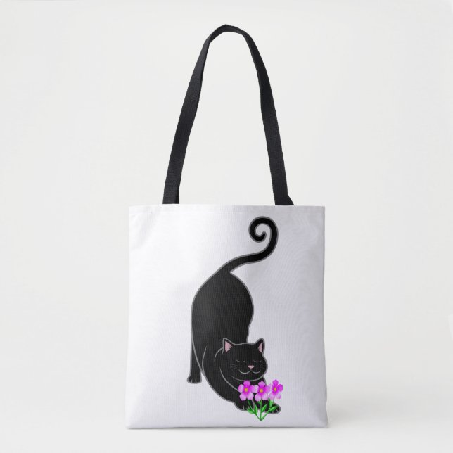 Tote Bag Chaton noir descendant & fleurs roses (Devant)