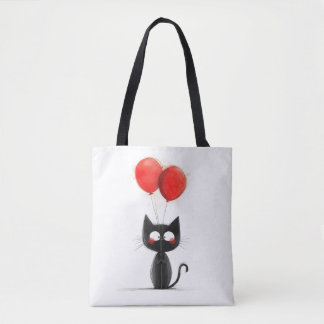 Tote Bag Chaton noir drôle avec ballons rouges