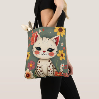 Tote Bag Chaton tacheté heureux avec des fleurs