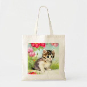 Tote Bag Chaton vintage blanc et Brown avec fleurs