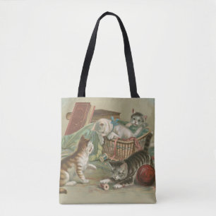 Tote Bag Chatons victoriens vintage jouant dans un panier à