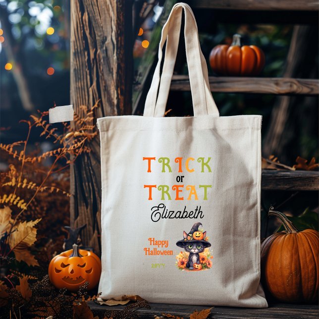 Tote Bag Chatouille chatte Casquette Trick ou traiter Hallo (Cute Cat in a Witch Hat Trick or Treat Halloween Tote Bag)