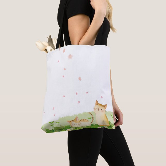 Tote Bag Chats amusants chantant sous les fleurs de cerisie (De près)