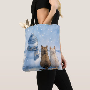 Tote Bag Chats assis avec un bonhomme de neige dans un cham