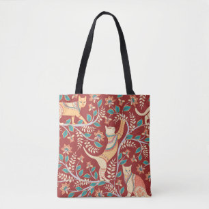 Tote Bag Chats avec ornements, branches avec fleurs et feui